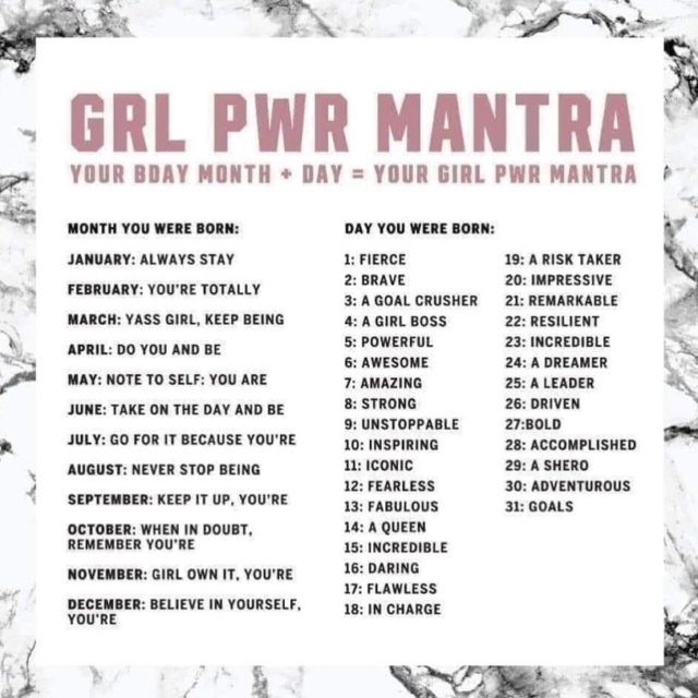 I’m Girl Own It, Your Fabulous! What is your GRL PWR Mantra? So fun! Check your birth month and day, Play along and post in the comments 💜💚 #grlpwr #girlpowergo